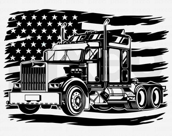 May include: Black and white illustration of a semi-truck with a large American flag behind it. The truck is facing the viewer and has a large grill and headlights. The flag is tattered and has a distressed look.
