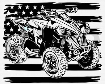 May include: Black and white illustration of an off-road vehicle with four wheels, driving on a black and white American flag background.