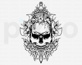 Skull with Flowers SVG: Floral Skull Vector Clipart (Printable PNG)
