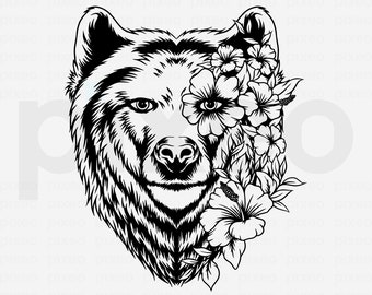 Bear With Flowers SVG: Floral Bear Clipart, Cricut Cut File (PNG, PDF)
