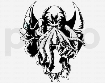 May include: Black and white illustration of a creature with a human-like face, large wings, and tentacles. The creature is reaching out with one hand. The image includes the text "SVG EPS DXF PDF PNG AI JPG" in a purple banner.