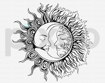 Puede incluir: Ilustración en blanco y negro de línea de arte de un sol y una luna con caras. El sol tiene un halo de fuego y la luna tiene forma de media luna. El sol y la luna se miran.