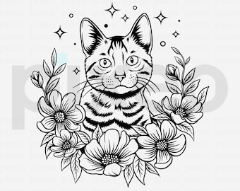 Cat With Flowers SVG: Floral Cat Clipart, Cricut Cut File (PNG, PDF)
