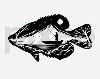 Crappie Fishing SVG: Fisherman in Boat, Mountain Scene (Digital Download)