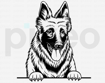 May include: Black and white illustration of a German Shepherd dog with its tongue out. The dog is depicted from the chest up, with its paws resting on a horizontal line. The image includes the text "SVG EPS DXF PDF PNG AI JPG" in a yellow banner.