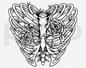 May include: Black and white line art illustration of a ribcage with roses growing around it.