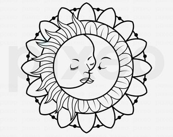 Puede incluir: Una ilustración en blanco y negro de línea de arte del sol y la luna besándose. El sol tiene una cara con los ojos cerrados y la luna tiene una cara con los ojos cerrados. El sol y la luna están rodeados por un diseño circular de flores.
