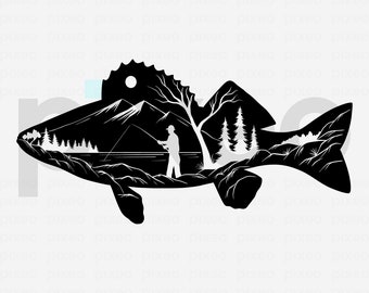 May include: Black and white silhouette of a fish with a mountain, trees, and a person fishing inside the silhouette.