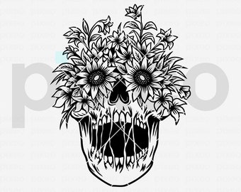 May include: Black and white illustration of a skull with a bouquet of sunflowers and other flowers covering the eye sockets.