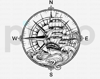 May include: Black and white illustration of a ship sailing through rough waves with a compass rose in the background. The compass points north, south, east, and west.