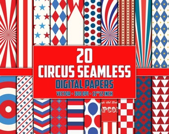Vintage Circus Digital Paper: Seamless Patterns, Clipart (SVG, EPS, PNG)