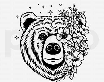 Bear with Flowers SVG: Floral Bear Clipart, Cricut Cut File (PNG, PDF)