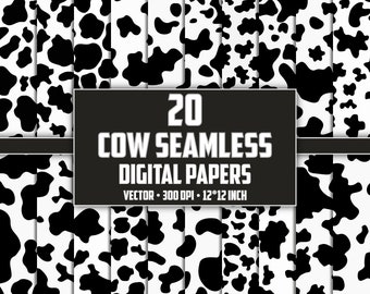 Könnte beinhalten: Ein Set mit 20 digitalen Papieren mit einem nahtlosen Kuhmuster in Schwarz und Weiß. Die Papiere sind 30,5 x 30,5 cm groß und haben 300 DPI. Der Text "20 COW SEAMLESS DIGITAL PAPERS VECTOR 300 DPI 12*12 INCH SVG DXF PDF PNG" wird auf einem schwarzen Hintergrund angezeigt.