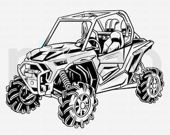 May include: Black and white line art illustration of a side view of a  four-wheeled off-road vehicle with large tires. The vehicle has a roll cage and a driver's seat.