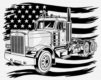 May include: Black and white illustration of a semi-truck with a large American flag behind it. The truck is facing the viewer and has a large grill and headlights. The flag is tattered and has a distressed look.