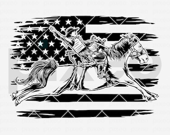 May include: A black and white silhouette of a cowboy riding a horse, jumping over a distressed American flag.