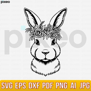 Bunny with Flowers Svg, Floral Bunny Svg, Rabbit Svg, Easter Bunny Svg, Flower Bunny Svg, Cute Bunny Svg, Bunny Clipart, Rabbit Face Svg Png