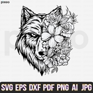 Wolf With Flowers SVG: Floral Wolf Clipart, Cricut Cut File