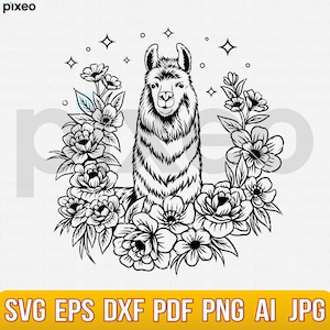 Lama avec fleurs Svg, Clipart Lama, mignon Lama Svg, impression de lama, chemise de lama, lama Cricut, tête de lama Svg, alpaga Svg, maman lama Svg