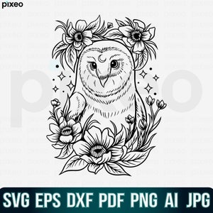 Owl With Flowers Svg, Owl Svg, Owl Flower Svg, Owl Head Svg, Owl Clipart, Owl Cricut, Owl Cut file, Owl Moon Shirt, Owl Mandala SVG PNG PDF