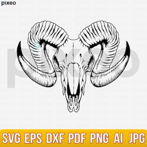 May include: A black and white illustration of a ram skull with large, curved horns. The skull is detailed with shading and lines, and the horns are prominently displayed. The image includes text at the bottom indicating file formats.