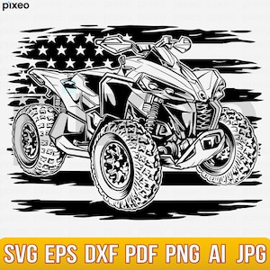 May include: Black and white illustration of an off-road vehicle with large tires, set against a distressed American flag background.