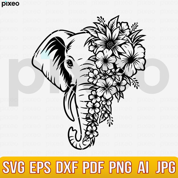 Elephant With Flowers Svg, Elephant Svg, Elephant Face Svg, Elephant Clipart, Mandala Svg, Elephant Cricut, Elephant Vector,Elephant Cutfile