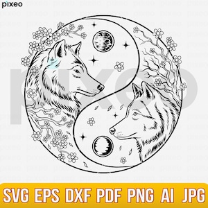Wolf Yin Yang SVG: Luna and Alpha, Floral Design (Digital Download)