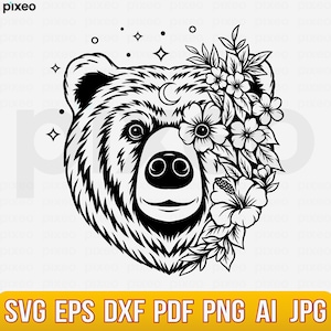 Bear With Flowers Svg, Bear Svg, Bear Flower Svg, Bear Head Svg, Bear Clipart, Bear Cricut, Bear Cut file, Bear Shirt, Bear Face SVG PNG PDF