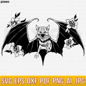 Nietoperz z kwiatami Svg, Nietoperz Svg, Kwiat nietoperza Svg, Skrzydła nietoperza Svg, Clipart nietoperza, Nietoperz Cricut, Plik cięcia nietoperza, Koszulka nietoperza, Straszny nietoperz Svg, Kwiatowy nietoperz SVG