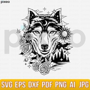 Wolf With Flowers SVG: Floral Wolf Clipart, Cricut Cut File (PNG, PDF)