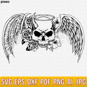 Schädel mit Flügeln SVG, Totenkopf mit Blumen SVG, Totenkopf SVG, Engel Teufel Totenkopf Clipart, Totenkopf Vektor, Totenkopf Cricut, Skull Cutfiles, Skull Shirt
