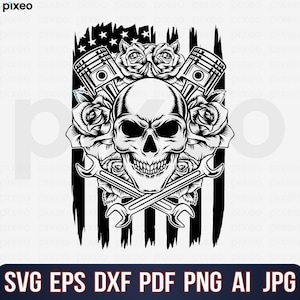Patriotic Mechanic Skull SVG: Eagle, Wrenches, American Flag (Digital Files)