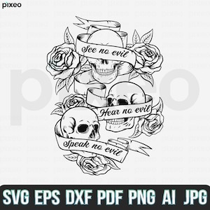 Three Wise Skulls SVG: See Hear Speak No Evil Clipart (Digital Files)