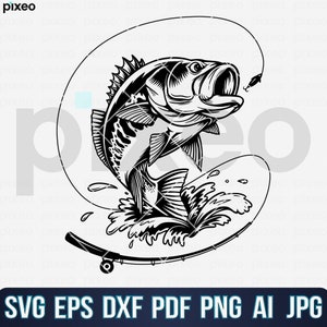 Bass Fishing Svg, Fishing Svg, Bass Fish Svg, Bass Clipart, Bass Vector, Bass Cricut, Bass Cut file, Fish Svg, Fish Hook Svg, Fishing PNG