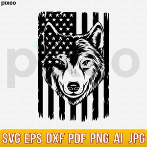 May include: Black and white illustration of a wolf's head with a distressed American flag behind it.