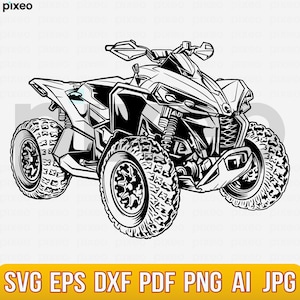 Peut inclure: Illustration en noir et blanc d'un véhicule tout-terrain vu de côté avec quatre roues. Le véhicule est doté d'une cage de sécurité et d'un pare-chocs avant.