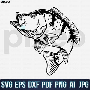May include: A black and white line drawing of a fish with its mouth open. The fish has a spotted pattern on its body.
