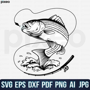 Striped Bass Fishing Svg, Fishing Svg, Striped Bass Fish Svg, Bass Clipart, Bass Vector, Bass Cricut, Bass Cut file, Fish Svg, Bass Shirt