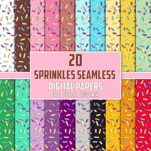 May include: 20 digital papers with seamless patterns of colorful sprinkles on various backgrounds. JPG, 300 DPI, 12x12 inch.