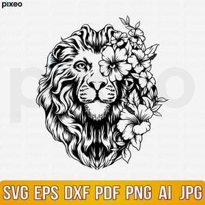 Lion With Flowers Svg, Lion Svg, Lion Flower Svg, Lion Head Svg, Lion Clipart, Lion Cricut, Lion Cut file, Lion Shirt, Lion Face SVG PNG PDF