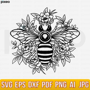 Bee With Flowers Svg, Bee Svg, Bee Flower Svg, Bee Hive Svg, Bee Clipart, Bee Cricut, Bee Cut file, Bee Shirt, Queen Bee Svg, Honey Bee SVG