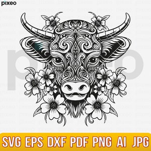 Highland Cow Floral SVG: Heifer Vector Clipart (Digital Download)