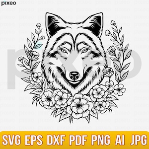 Wolf With Flowers SVG: Floral Wolf Clipart, Cricut Cut File (PNG, PDF)
