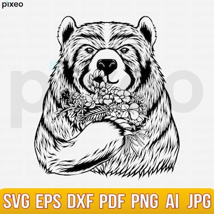 Bear With Flowers Svg, Bear Svg, Bear Flower Svg, Bear Head Svg, Bear Clipart, Bear Cricut, Bear Cut file, Bear Shirt, Bear Face SVG PNG PDF