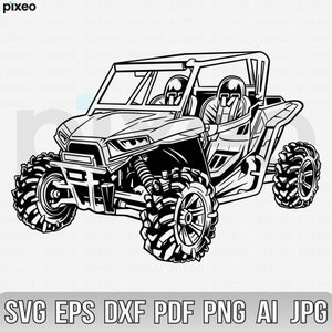 May include: Black and white line art illustration of a side-by-side off-road vehicle with two people inside. The vehicle has a roll cage and large tires.