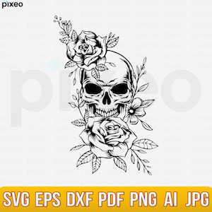 頭蓋骨とバラの SVG、花付き頭蓋骨の SVG、頭蓋骨の SVG、頭蓋骨とバラのクリップアート、頭蓋骨のベクター、頭蓋骨の Cricut、頭蓋骨のカット ファイル、頭蓋骨のシャツ