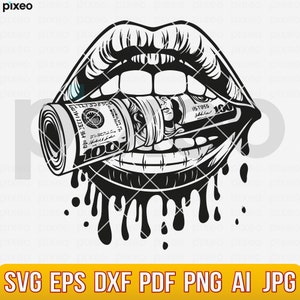 Lips Biting Money Svg, Dollar Bill Svg, Hustle Svg, Cash Svg,Money Lips Svg, Lips Clipart, Dripping Lips Clipart, Lips with Bill Svg Png Dxf