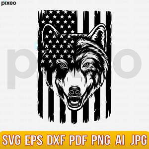 May include: Black and white illustration of a wolf's head with an American flag behind it. The flag is distressed and has a grunge effect.