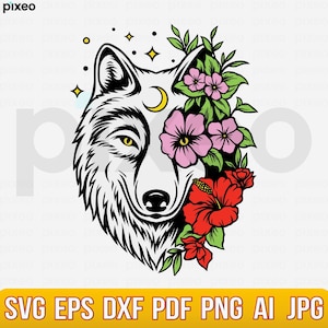 Wolf With Flowers SVG: Floral Wolf Clipart, Cricut Cut File (PNG, PDF)